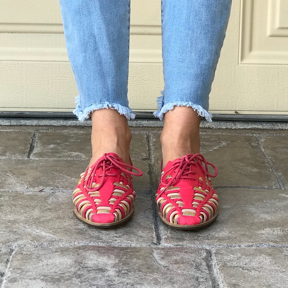 Boho Pink Leather Woven Huarache Oxford Loafers - Picture 2 of 6